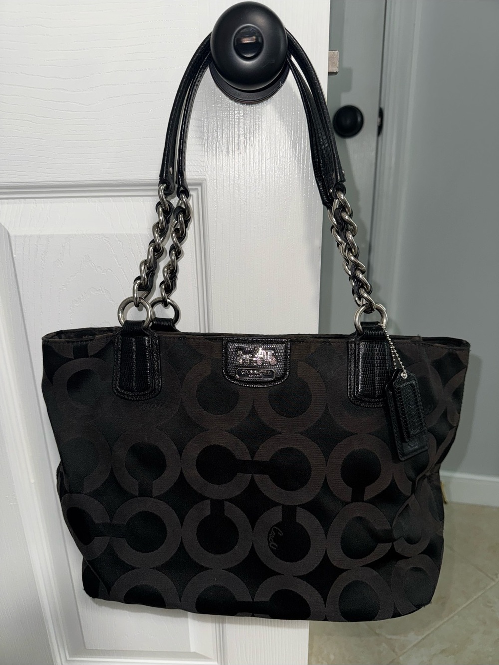 Coach Black Circle Signature Tote with Chain Handles